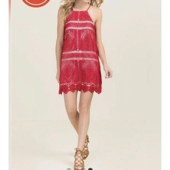 Francesca's Collections Dresses & Skirts - Francesca's Dress Women's Small Red Eyelet Formal Lace Overlay Halter V Neck